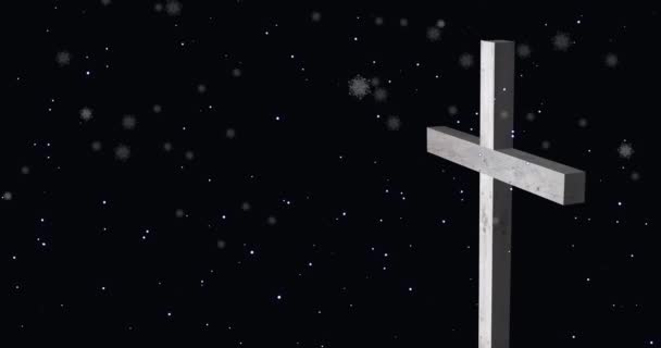 Animación Nieve Cayendo Sobre Cruz Blanca Sobre Fondo Negro Cristianismo — Vídeo de stock