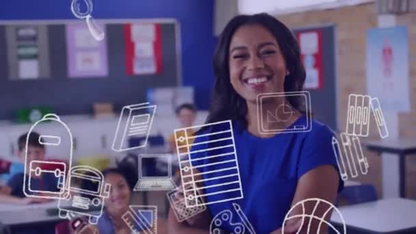 물건을 애니메이션화하는 교실에서자 교사와 학생들에게 미소를 성상이다 개념은 디지털로 만들어 — 비디오