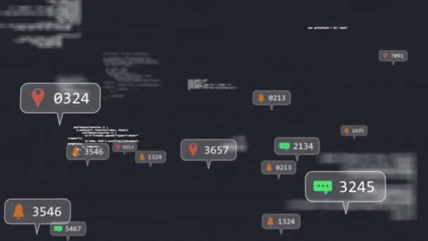 Animatie Van Gegevensverwerking Media Pictogrammen Zwarte Achtergrond Mondiaal Business Financiën — Stockvideo