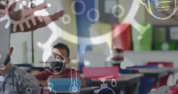 Sınıftaki Doktorların Ellerini Dezenfekte Etmesi Üzerine Kovid Ikon Animasyonu Kadın — Stok video