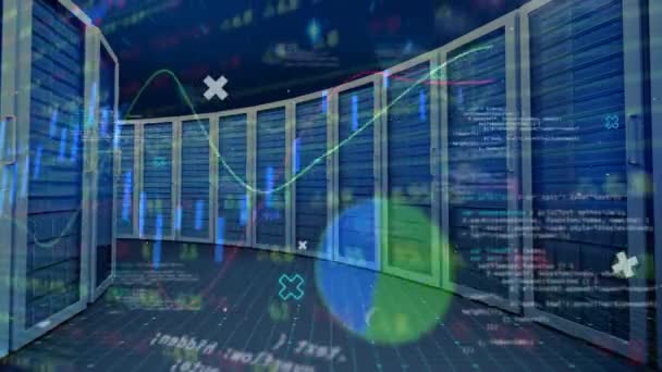 Animation Der Datenverarbeitung Und Des Diagramms Über Serverraum Globales Geschäft — Stockvideo
