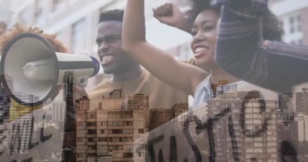 Animation Diverse People Raising Hands Cityscape Protest Politics Concept Digitally — Stock Video