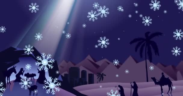 Animación Copos Nieve Sobre Tres Reyes Belén Sobre Fondo Azul — Vídeos de Stock