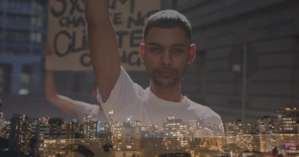 Animation Biracial Men Raising Hands Cityscape Protest Politics Concept Digitally — Stock Video