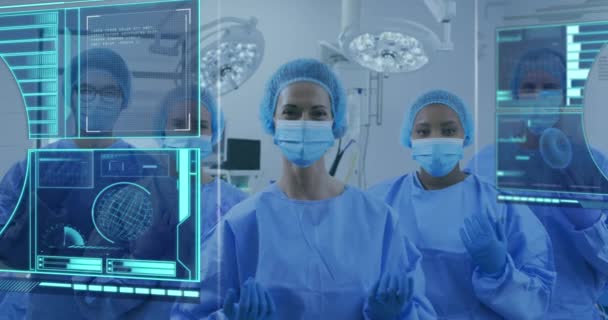 Animation Data Processing Diverse Doctors Face Masks Medical Healthcare Services — Stock Video