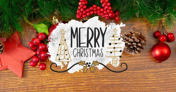 Overhead View Merry Christmas Text Tree Decorations Wooden Table Digital — Stock Photo, Image