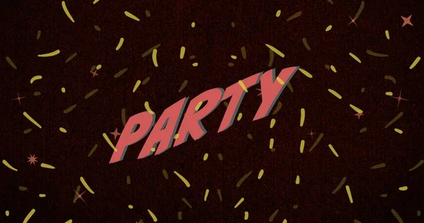 黒の背景に紙吹雪の上の文字でパーティーテキストのデジタル複合体 お祝いとシンボル — ストック写真