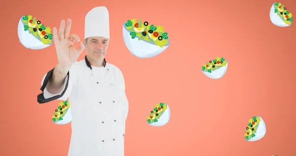 Composition Chef Masculin Montrant Signe Avec Vecteur Alimentaire Sur Fond — Photo