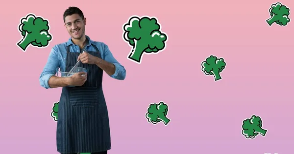 Lächelnder Männlicher Koch Beim Zubereiten Von Speisen Mit Gemüsevektor Vor — Stockfoto