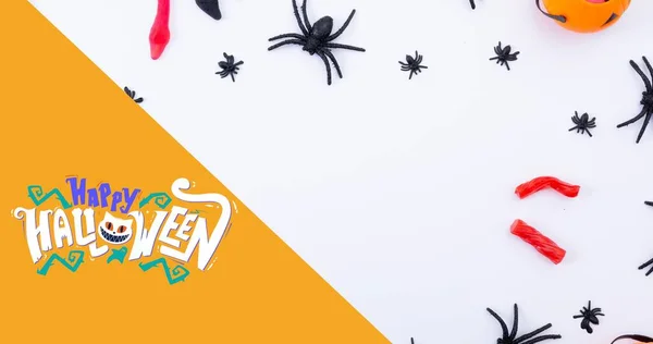 Composto Digital Texto Feliz Halloween Com Decorações Assustadoras Espaço Cópia — Fotografia de Stock