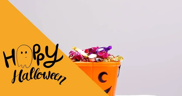 Digital Composite Happy Halloween Sweets Bucket White Background Copy Space — Stock Photo, Image