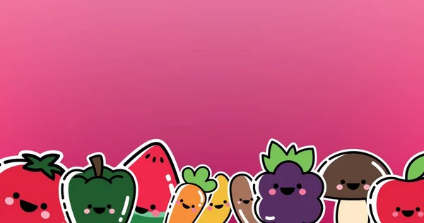 コピースペースのあるピンクの背景を背景に 果物や野菜に笑顔のベクトル画像 健康食品広告ベクトルコンセプト — ストック写真