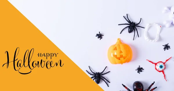 Composto Digital Halloween Feliz Sobre Decorações Assustadoras Fundo Branco Cultura — Fotografia de Stock