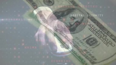 Fare ve dolar banknotları üzerinde numaralar ve virüs alarmı. küresel finans güvenliği konsepti dijital olarak oluşturulmuş video.