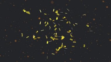 Kırmızılı mutlu yeni yıl metninin animasyonu, siyah arka planda altın konfetisi. Noel, yeni yıl, kutlama, parti ve mevsimlik etkinlik konsepti dijital olarak oluşturuldu.