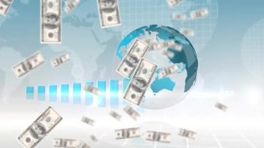 Tüm dünyaya ve istatistiklere düşen Amerikan dolarlarının animasyonu. küresel iş ve finans kavramı dijital olarak oluşturulan video.