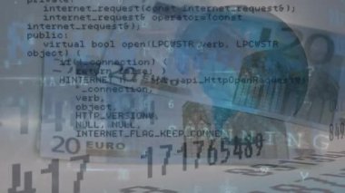 Avro banknotları üzerinde veri işleme ve küreye ilişkin animasyon. küresel finans güvenliği konsepti dijital olarak oluşturulmuş video.