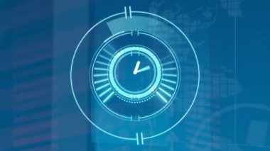 Hareket eden saat ve dürbünün oklar ve veri işleme üzerinde taranması. küresel iş, veri işleme ve dijital arayüz kavramı dijital olarak oluşturulmuş video.