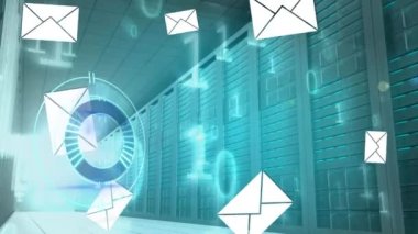 Sunucu odasında yüzen işlemci çemberinin ve e-postaların animasyonu. - Evet. küresel teknoloji, bilgisayarlar ve dijital arayüz konsepti dijital olarak oluşturulmuş video.