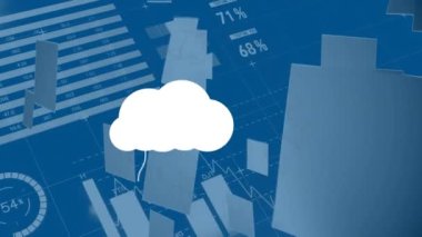 Grafik ve veri işleme simgeleriyle bulutların animasyonu. küresel iş, veri işleme ve dijital arayüz kavramı dijital olarak oluşturulmuş video.
