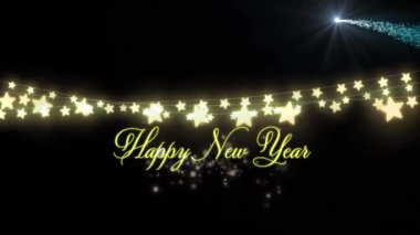 Mutlu bayramlar metni ve Noel perisi ışıkları dekorasyonu. Yeni yıl, Noel, gelenek ve dijital olarak üretilen kutlama konsepti.