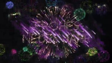 Mutlu yeni yıl metinlerinin animasyonu siyah arka planda altın havai fişekler üzerinde. Yeni yıl, kutlama, parti, gelenek ve mevsimsel olay konsepti dijital olarak oluşturulmuş video.