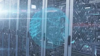 Sunucu odasında dünya ve veri işleme animasyonu. teknoloji, bağlantılar ve dijital arayüz kavramı dijital olarak oluşturulmuş video.