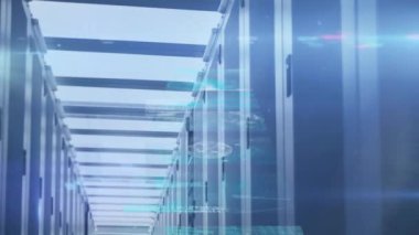 Sunucu odasının üzerindeki dijital ekranların ve ışık noktalarının animasyonu. teknoloji, bağlantılar ve dijital arayüz kavramı dijital olarak oluşturulmuş video.