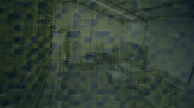 Depodaki sarı karelerin animasyonu. küresel iş, ticaret, lojistik ve teknoloji konsepti dijital olarak oluşturulmuş video.