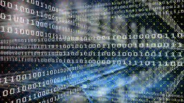 Mavi ve siyah arkaplan üzerinde çalışan ikili sistem veri işleme animasyonu. küresel bilgisayarlar, teknoloji, veri işleme ve dijital arayüz kavramı dijital olarak oluşturulmuş video.