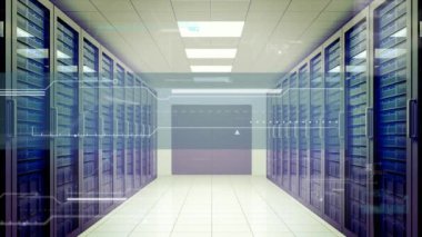 Sunucu odasında veri işleme animasyonu. teknoloji, bağlantılar ve dijital arayüz kavramı dijital olarak oluşturulmuş video.