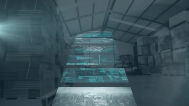 Animation Diverse Data Screens Warehouse Global Business Trade Logistics Technology — Stock Video