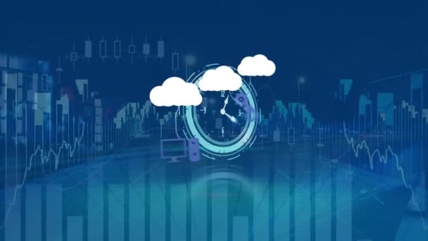 Animación Nubes Con Iconos Sobre Gráfico Reloj Movimiento Negocio Global — Vídeos de Stock