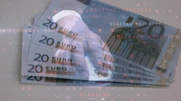 Animace Čísel Varování Před Virem Při Držení Myší Eurobankovek Globální — Stock video