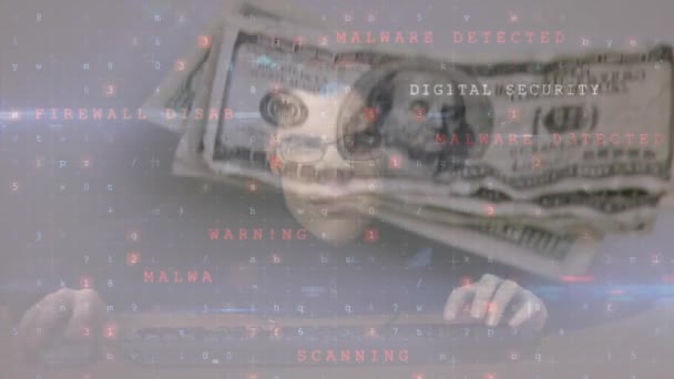 Számítógépes Bűnözésre Figyelmeztető Animáció Hacker Hulló Dollárbankjegyek Miatt Globális Pénzügy — Stock videók