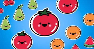 Mavi arka planda çeşitli meyvelerde gülen yüzlerin vektör görüntüsü. yiyecek, sağlıklı beslenme ve vektör kavramı.