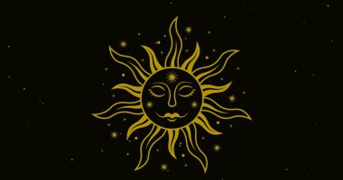 Digital composite image of yellow anthropomorphic face on sun with rays over black background. creativity, imagination and copy space. clipart