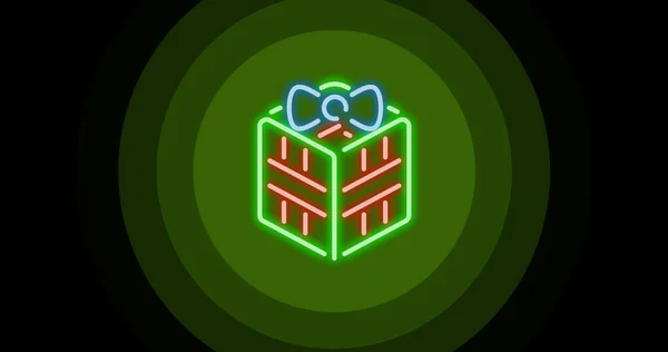 Digital Composite Illuminated Christmas Present Green Circular Pattern Black Background — Stock Photo, Image