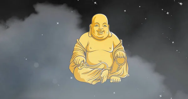 Digital Composite Image Golden Laughing Budda Statue Cloud Sky Stars — Stockfoto