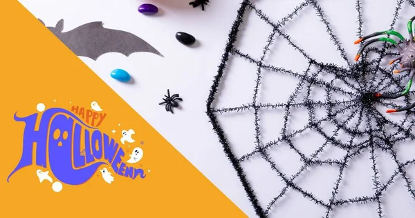 Visão Aérea Feliz Saudação Halloween Sobre Assustador Teia Aranha Decorativa — Fotografia de Stock