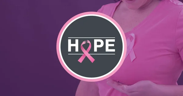 Woman Breast Cancer Awareness Ribbon Hope Text Purple Background Copy — 图库照片