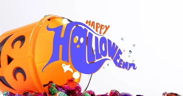 Cyfrowy Złożony Obraz Szczęśliwego Tekstu Halloween Rozlanymi Słodyczami Wiadra Przestrzeń — Zdjęcie stockowe