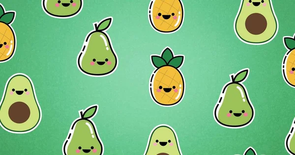 緑の背景に梨とアボカドとパイナップルのデジタル生成画像 健康的な食べ物とベクトルの概念 — ストック写真