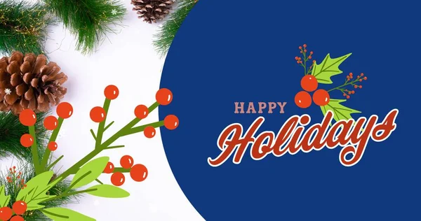 Overhead View Happy Holidays Text Decorative Cherries Pine Cones Needles — Stock Photo, Image