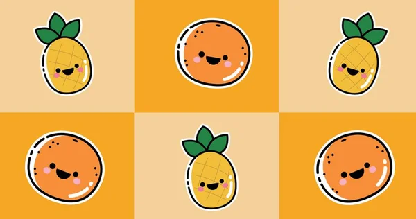 在橘红色背景下 菠萝和橙子上笑脸的矢量图像 健康饮食和病媒概念 — 图库照片