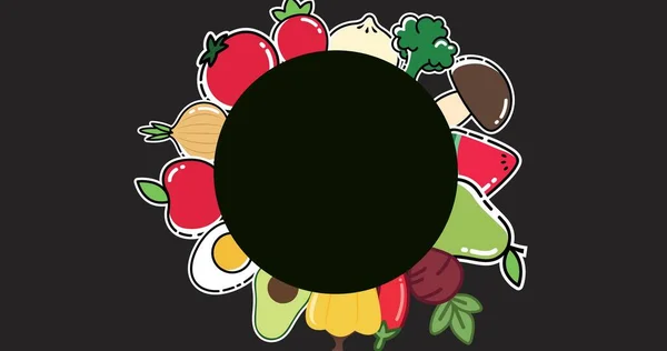コピー空間を持つ黒の背景に円形に配置された様々な食品のベクトル画像 健康食品広告ベクトルコンセプト — ストック写真
