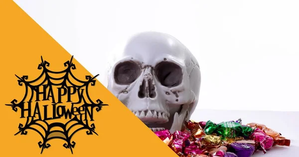 Kompozycja Cyfrowa Szczęśliwego Halloween Nad Pająkiem Wen Czaszką Cukierkach Kultura — Zdjęcie stockowe