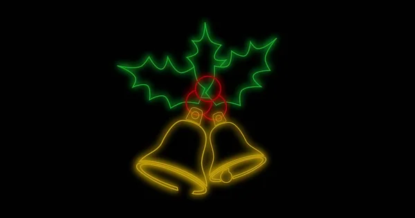 照明されたネオンベルと黒の背景にコピースペースと葉のデジタル複合体 クリスマスの装飾とシンボル — ストック写真