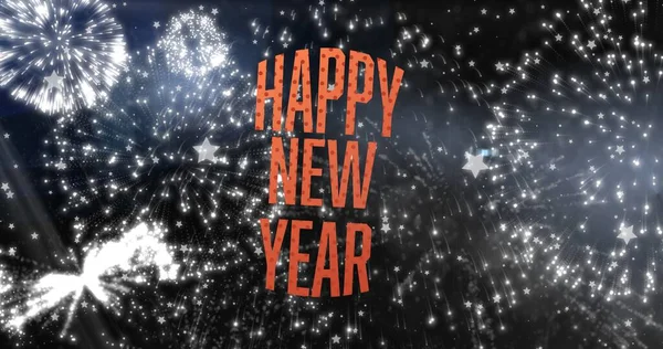 Ψηφιακή Σύνθετη Εικόνα Του Ευτυχισμένου Νέου Έτους Κείμενο Κατά Πυροτεχνήματα — Φωτογραφία Αρχείου