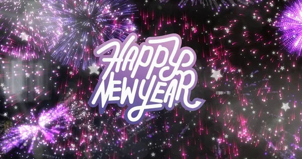 Imagem Composta Digital Texto Feliz Ano Novo Sobre Fogos Artifício — Fotografia de Stock